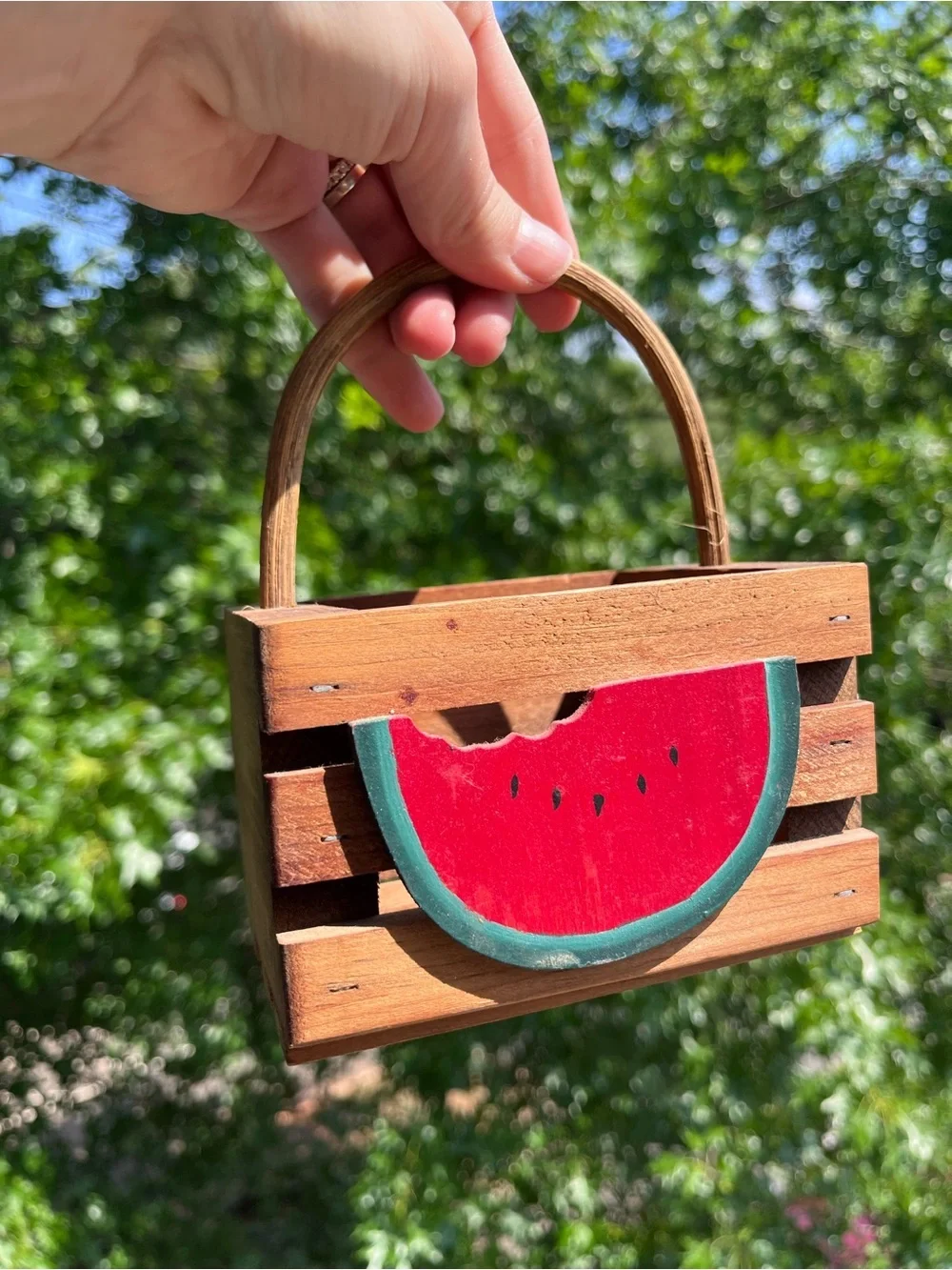 Vtg Handmade Watermelon Wooden Slat Basket Farmhouse Kitchen Home Decor 5”x3”